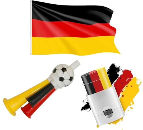 Taffstyle Fanartikel Schminkstift Fahne Tröte Fußball WM Deutschland 90 cm | 3-teiliges Set – Farben Schwarz, Rot, Gold – rückstandslos abwaschbar – Lieferumfang: Stift, Klanggeber, Flagge
