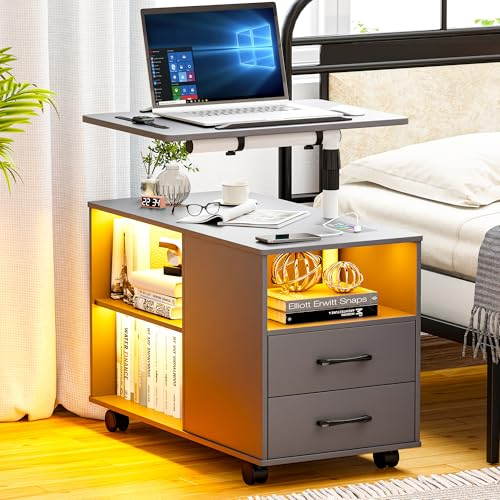 Lvifur Led Nachttisch mit Ladefunktion, 20 Farbe RGB Licht Smart Nachtschrank mit Um 360° Drehbarer Laptopablage, Sideboard 2 Schubladen Rad Autosensornacht Schlafzimmer Grau