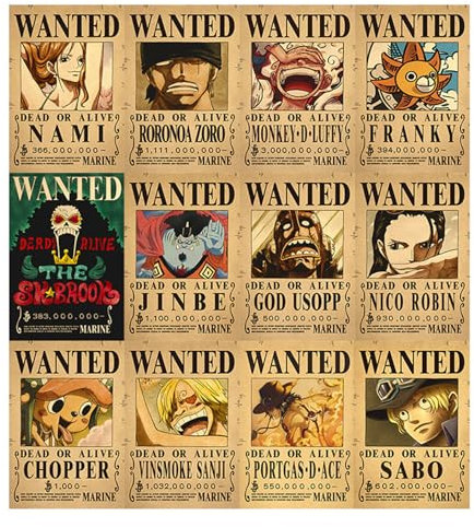 Yoimckay 12 Stück Anime Poster, Zoro,Law,Kidd,Robin,Nami,Jinbei,Sanji, Ace Cartoon Posters Wanted 40 x 28.5 Zoll, Wanted Poster Vintage, Anime deko, für Anime Wall Decor Posters