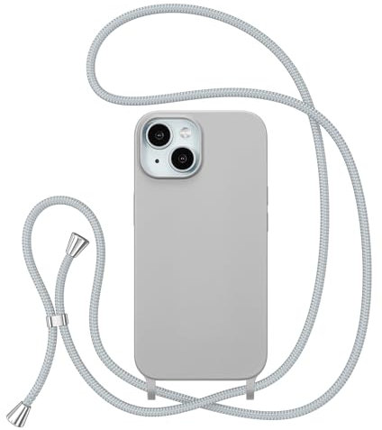ZTOFERA Handykette Hülle Kompatibel mit iPhone 15, Liquid Silikon Handyhülle mit Umhängeband, Schutzhülle mit Band Kordel zum Umhängen Necklace Hülle für iPhone 15, Grau