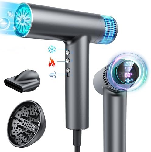 Föhn,Haartrockner mit bürstenloser Motor Föhn|Fön mit Diffusor,Stylingdüse|300 Mio.Negative Ionen|Haarfön 3-in-1|Oxy Active Technology|LED-Anzeige|4 Temperaturstufen|3 Gebläsestufen (Edles Grau)