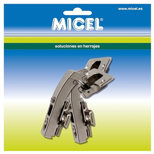 MICEL - 91872 - Bisagra de Cazoleta, Rinconera 90º, Instalación para Muebles, 2 unidades, Incliuye Tornillos y Base, en Acero, acabado Zincado, 91,5 x 62 x 28,5 mm