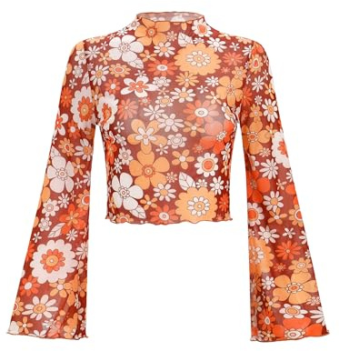 FYMNSI Haut en maille transparente pour femme - Style bohème - Style hippie des années 70 - Col roulé - Manches cloches - Tunique