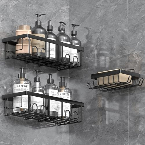 Shower Caddy, 3 Pack Black Shower Storage Organiser with Hooks, Adhesives Bathroom Caddy No Drill, Bathroom Wall Storage Accessories