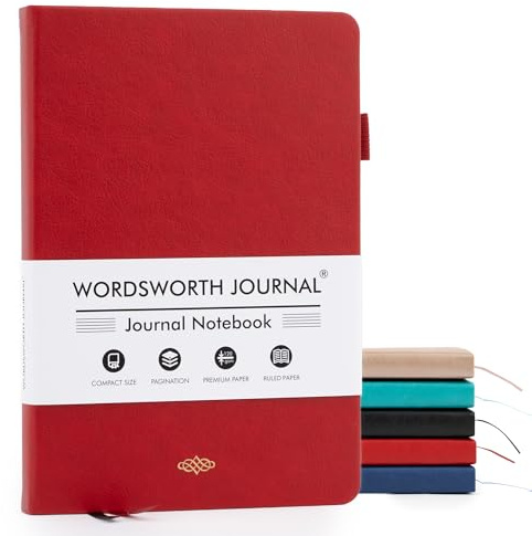 Wordsworth & Black A5 Liniertes Tagebuch 216 Linierte Seiten, Hardcover aus Leder, 120 GSM Papier, Tagebuch für Arbeit und Zeichnen, Journale für Frauen und Männer – Geschenkbox Inklusive Rot