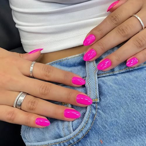 KQueenest Hot Pink Press on Nails Short Oval, Short False Nails Almond, Glossy Solid Vibrant Bright Pink Fake Nails Set, Reusable Natural Gel Stick on Nail for Women Finger Daily Wear 24 Pcs