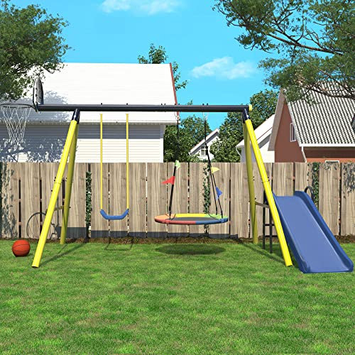 Swing Set with Metal Frame, Nest Tree, Plastic Single Swing, Basketball Hoop, Slide, Outdoor Play Equipment for Children 3-8 Years Old
