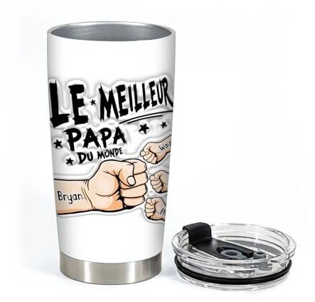 VEELU Gobelet Personnalisable Cadeau Fete Des Peres Mug Personnalisé avec Photo 20oz Gobelet Isotherme Le Meilleur Papa du Monde Mug avec Prénoms Cadeau Anniversaire Papa Cadeaux de Noël