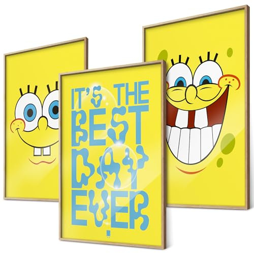 canvea SpongeBob Poster Set – 3er Set Gesichtsausdrücke & Spruch „It’s the Best Day Ever“ – DIN A4 Wandbilder für Kinderzimmer & Erwachsene – Geschenkidee