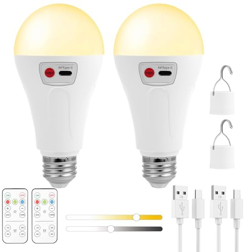 AUAUY 2 Lampada ricaricabile a batteria USB con Telecomando, Lampadina Ricaricabile, 2000mAh Lampada da campeggio, E27 lampadina Intelligente con Funzione di Timer, Dimmerabile, 3 Temperature Colore