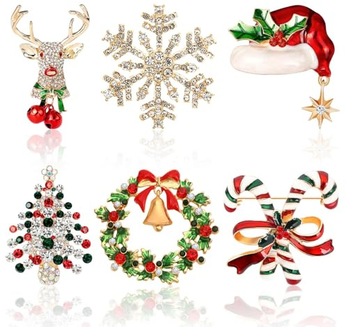 Weihnachten Brosche, 6 Stück Weihnachtsbrosche Kristalll Weihnachtsanstecker für Weihnachtsschmuck Dekoration Geschenk