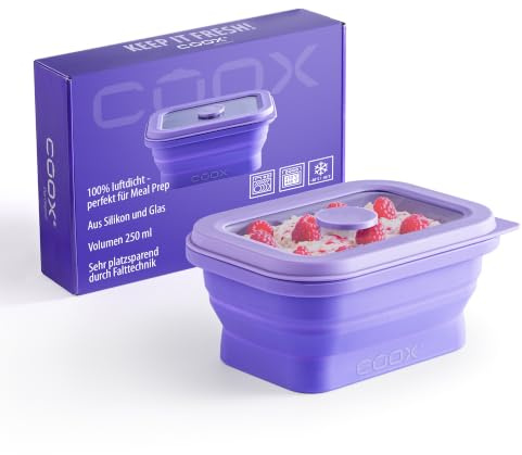 coox Faltbare Frischhaltedose aus Silikon & Glas 250 ml - Mikrowellen- & ofenfest I Für Airfryer geeignet I Perfekt für Meal-Prep I Spülmmaschinenfest I BPA-frei Lila
