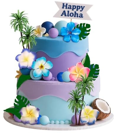 42 Stück Hawaii Tortendeko Set – Hawaiianische Kuchendekoration mit tropischen Blumen, Palmen, Blättern, Kugeln & „Happy Aloha“ Cake Topper – Sommerliche Tortendekoration für Hawaii Party Themenfeste