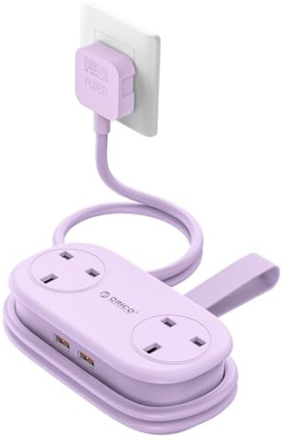 ORICO 65W GaN Travel Extension Lead with USB Slots (2 USB-A/2 USB-C), Flat Plug Power Strip with 2 Way Plug Extension Socket and 1.6M Extension Cord, Fast Charger for MacBook/iPad/iPhone - Purple