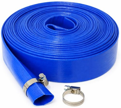 Blue Layflat Water Discharge Hose Pipe Pump Irrigation - 38mm (1.5) Bore with 2 Stainless Steel Hose Clips (20m)