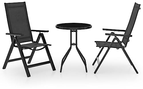 Hoopleep 3-TLG. Bistro-Set Schwarz Anthrazit, Aluminium Textilene Gartenmöbel, 7-Fach verstellbar, 60cm Glastisch für Outdoor Terrasse Esszimmer