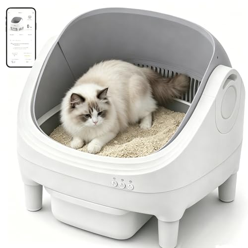 Selbstreinigende Katzentoilette mit App-Steuerung, Extra große Kapazität, Geruchsfrei, Automatische Katzentoilette, Sicherheitssensoren, Ultra-Leise <35dB Für Mehrkatzenhaushalte, Weiß