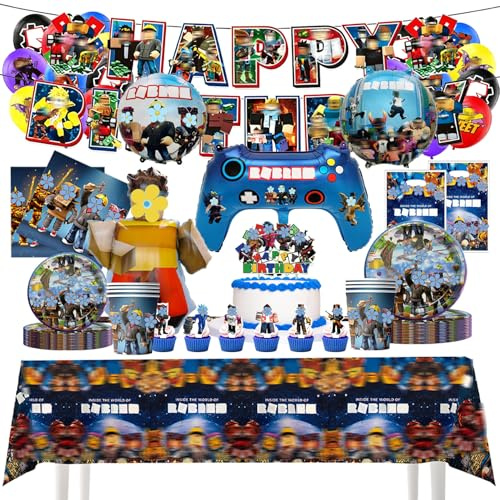 FYFLYMT Roblx Geburtstag Partygeschirr Set, Roblx Geburtstag Deko | Themen Pappteller Servietten und Tischdecke, Party Deko für Partyzubehör für 10 Personen
