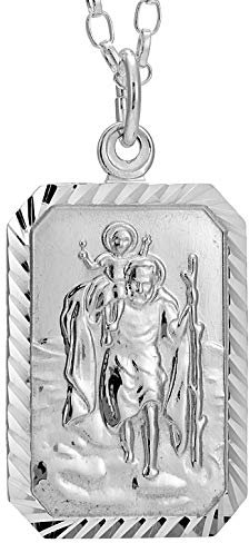 Pendentif de St Christophe Rectangulaire en Argent Massif et Chaîne de 45cm
