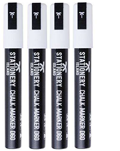 STATIONERY ISLAND Liquid Chalk Pens Marker White for blackboard Erasable Chalk Marker Pens Wipeable for Chalkboard, Window, Glass, Signs and mirror - 6mm Chisel Nibs (White Pack of 4)