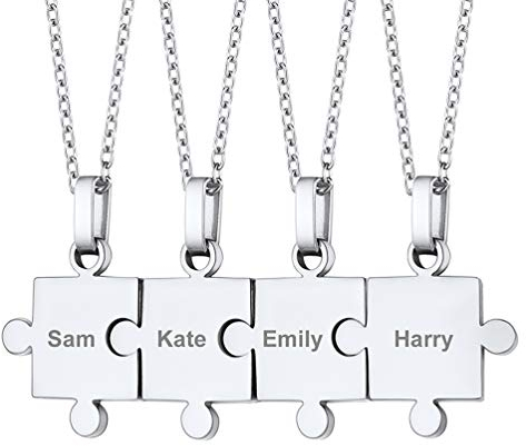 PROSTEEL 4-Teilig Collier für Familien Freunden personalisiert Puzzle Anhänger mit 50+5cm Rolokette Edelstahl Namen Gravur Freundschaftsketten für Geburtstag Weihnachten Gedenktag