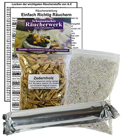 ZEDER Zedernholz (Kalifornien) zum RÄUCHERN. 14-TLG Räucherset - 60ml Räucherwerk + Räucherkohle (10x) + Räuchersand + Räucheranleitung + Lexikon der wichtigen Räucherstoffe A-Z. 82060-X96