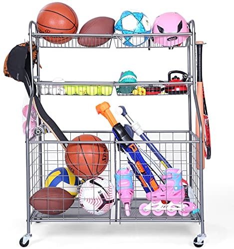 Kinghouse Garage Sports Equipment Organizer, Ball Storage Rack, Toy Storage, Nerf Gun Organization on Wheels for School, Garage, Black, Steel (Grey)