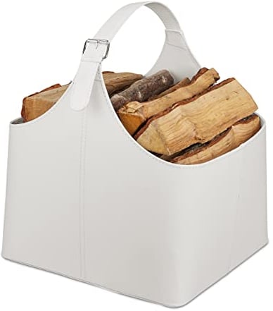 Relaxdays Leña, Piel Sintética, Cesto Almacenamiento Leños, para Transportar Madera, con Asa, Blanco Crema, 50 x 36 x 43 cm