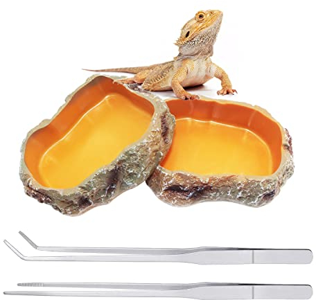 Reptile Growth 4-teiliges Wasserschalen-Set für Reptilien, enthält 2 Futternapf, Harz, Reptilien-Schüssel, Wasserschüssel, 2 Fütterungspinzetten, Zangen für Haustiere, Schlange, Chamäleon