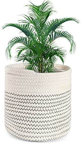 Advantez 20CM Plant Pots, Woven Plant Pot with Liner, Cotton Rope Plant Basket Indoor Plant Pot for Flower Pots Laundry Basket Household Storage Basket Plant Basket Home Decoration (Black and White)