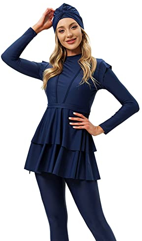 IWEMEK Muslimische Badeanzug Damen Modest Burkini Lang Bademode 3 Stück Ganzkörper Langarm Islamische Arabische UV Schutz Beachwear Surfen Anzug Top + Hose + Hijab Schwimmhaube #Blau M