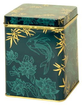 Oriental Koi Carp - Retro/Vintage Style Square Tea Caddy/Kitchen Storage Tin - Jade Green & Gold (200 g)