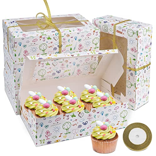 ChuerTech Cupcake Box 6er, 15 Stück Gebäckkarton Keksboxen Karton Verpackung, Geschenkbox Karton mit Sichtfenster, Muffin Kuchen Transportbox Pappe Karton mit 22m Band