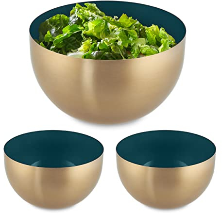 Relaxdays 3X Ciotola da Insalata, Acciaio Inox, 1 Litro, Insalatiera Tonda, Scodella Portafrutta da Cucina, Verde Dorato