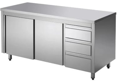 GastroHero Arbeitsschrank 180x60 cm, Edelstahl ASS3SR-ECO18X6A | Aufkantung, 3 Schubladen, Schiebetüren, Zwischenboden, AISI 430, höhenverstellbare Füße, Profi Küchenmöbel für Gastronomie