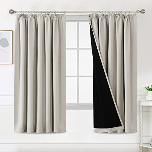 BellaHills 100% Blackout Curtains for Bedroom Thermal Insulated Curtains & Drapes Blackout Curtains Pencil Pleat Curtains for Living Room with Black Liner 2 Panels, 66 x 72 Inch, Pumice Stone