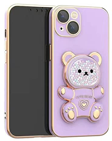 Cute Bear Schutzhülle mit verstecktem Ständer, kompatibel mit iPhone 12, weiches TPU, stoßfest, 3D-Bär-Halterung, Handyhülle mit Kameraschutz für Damen, Mädchen - Lila