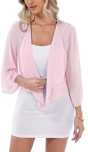 Aottori Cardigan Boléro Court Femme en Mousseline de Soie Gilet à Manches Évasées 3/4 Boléro Veste Elégant Chic pour Robe Bretelle Mariage Rose Clair M
