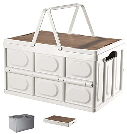 DXDRT 56L Aufbewahrungsbox Faltbare Campingbox mit Holzdeckel, Griff und Wasserdichter Tasche, groß Kofferraum Organizer Auto Multifunktional Klappbox für Auto Spielzeug Camping Picknick