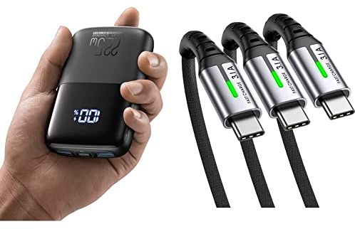 INIU Power Bank, 22.5W Fast Charging 10000mAh Battery Pack USB C Input & Output Portable Charger & USB C Charger Cable, USB A to USB C Cable 3.1A Fast Charging, Zinc Alloy Braided Phone Charger