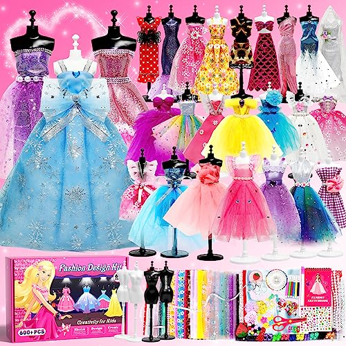 AYIQUTY 1000+PCS Modedesign-Kits für Mädchen, Kreativität, DIY Kunst Bastelset für Kinder mit 4 Schaufensterpuppen & Skizzenbuch, Lernspielzeug-Nähset für Teenager-Mädchen 6 7 8 9 10 11 12+Jahre
