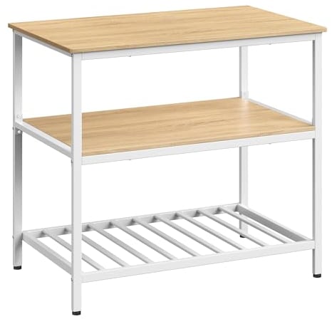 VASAGLE Isola da Cucina con Ampio Piano di Lavoro, Scaffale a 3 Livelli, Struttura in Acciaio, 60 x 100 x 90 cm, Stile Industriale, Facile da Montare, Beige Rovere e Bianco KKI005W09