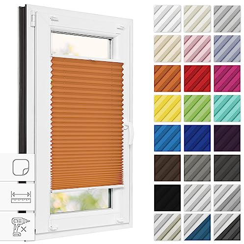Estika Plissee zum Kleben 75 cm x 150 cm - Orange - Ohne Bohren, Rollos für Fenster, Jalousien für Innen, Raffrollo