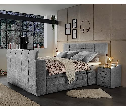 Lomadox Boxspringbett 180x200 cm mit Bettkasten und TV-Halterung | Doppelbett in dunkelgrau mit Härtegrad H2