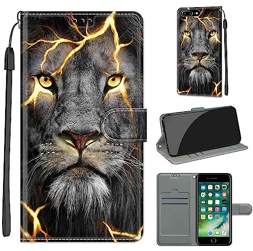 TOMYOU PU Leather Wallet Case for iPhone 7 Plus/8 Plus, Lion | Pouch Design, Book Flip Folio, Magnet Closure, Kickstand, Card Slots, Wrist Strap Lanyard, Pattern Style