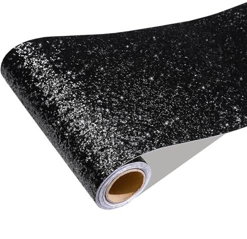 CRE8TIVE 8x354 Black Glitter Wallpaper Stick and Peel Textured Chunky Sequins Fabric Wallpaper Border Self Adhesive Removable Glitter Contact Paper for Girls Bedroom Bathroom Mirror Frame Wall Decor