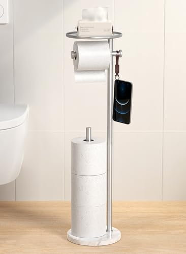 KES Toilettenpapierhalter Stehend mit Ablage, 1,5 kg Marmor-Basis, Klopapierhalter Edelstahl 18/8 für Mega Reserverollen Klorollenhalter Gebürstet, BPH229-2