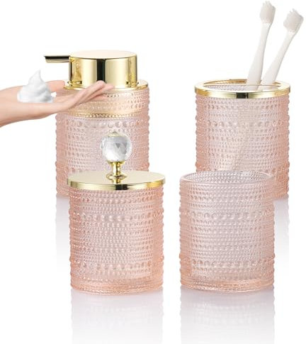 YCWF Ensemble d'accessoires de salle de bain en verre rose avec distributeur de savon moussant, 4 pièces comprenant un distributeur de savon moussant, un gobelet, un porte-brosse à dents et des pots à