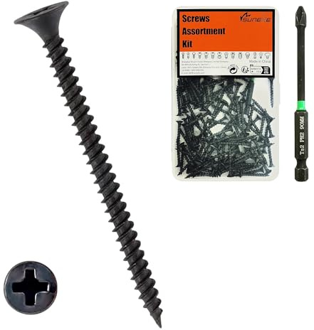 Suneke 200 viti per cartongesso, M3,5 mm x 12 mm, ad alta durezza, fosfato nero, filettatura fine, testa piatta, viti in legno con scatola organizer e 1 punta lunga PH2#2