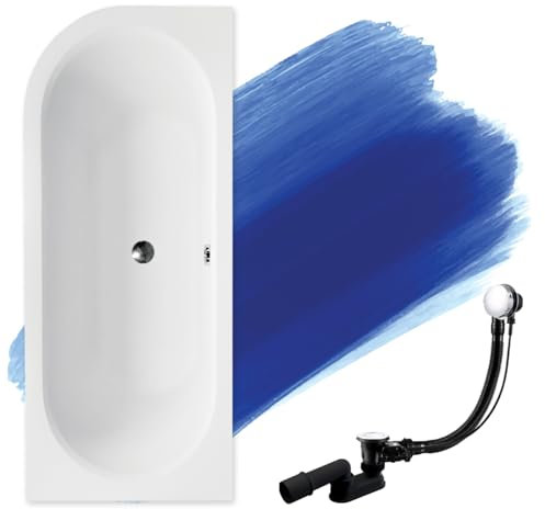 Baignoire originale BADLAND - 160 x 75 cm - En acrylique - Kit complet - Siphon de qualité supérieure - Baignoire d'angle - Baignoire d'angle - Design moderne - Bonde chromée - Pour 2 personnes -